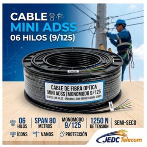 Bobina cable de fibra óptica mini ADSS monomodo 9/125 de 06 hilos, span 80m, semi-seco 1250 N